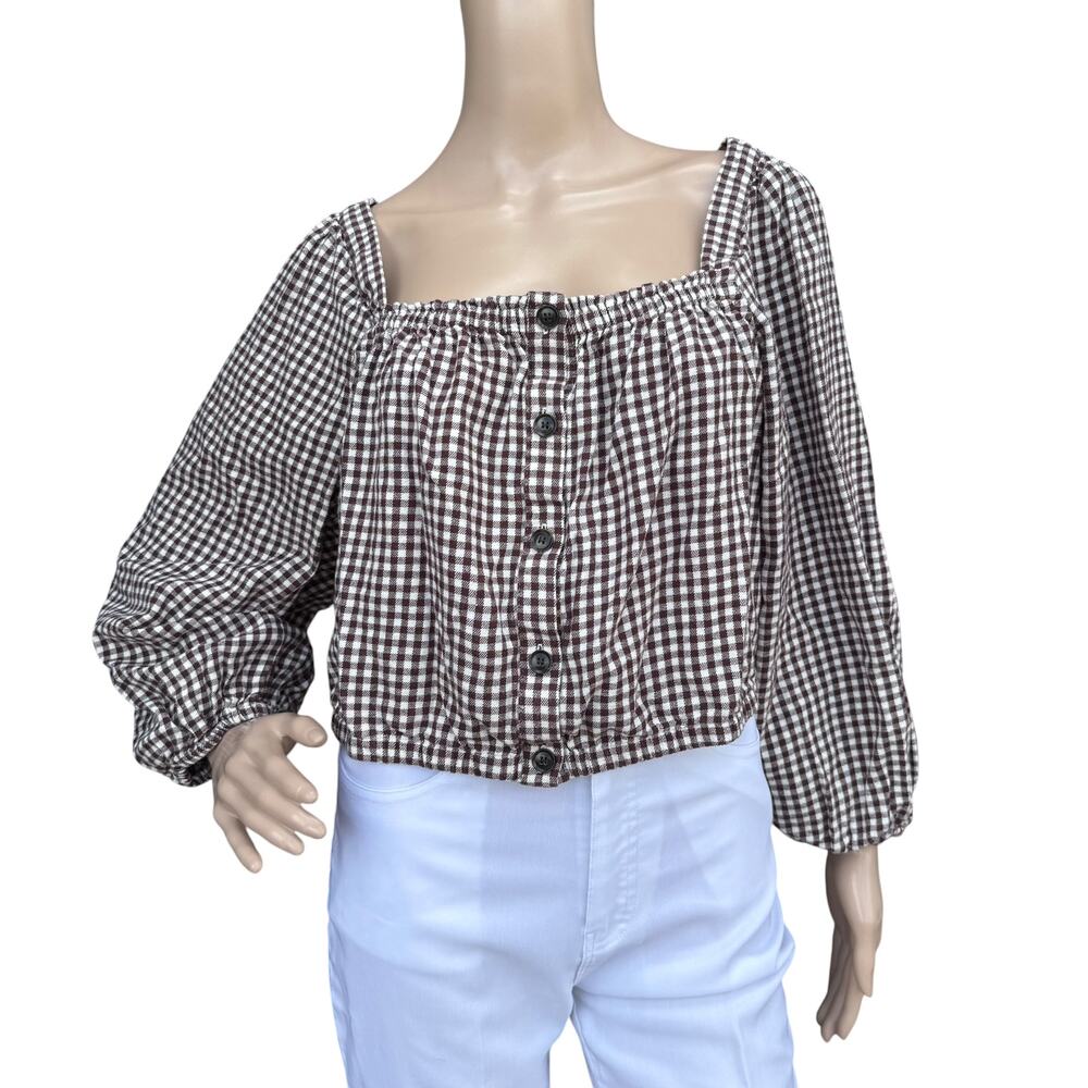 Madewell Brown Cream Gingham Check Flannel Square Neck Puff Sleeve Top Women L